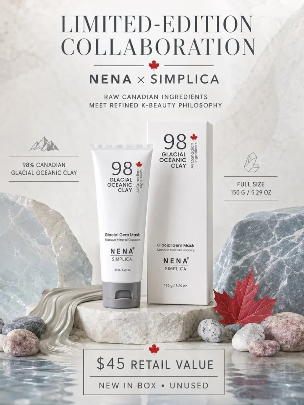 NENA x SIMPLICA Glacial Gem Mask 98% Canadian Glacial Clay 150g NIB